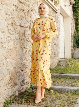 Yellow - Floral - Modest Dress - Por La Cara