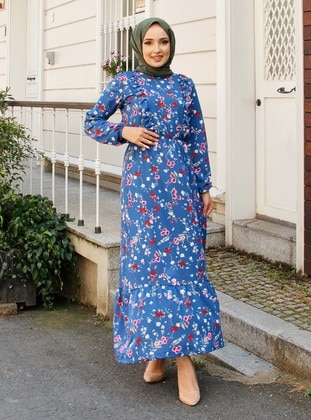 Blue - Floral - Modest Dress - Por La Cara