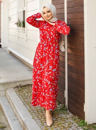 Red - Floral - Modest Dress - Por La Cara