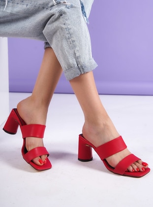 Red - Heeled Slippers - Heels - Ayakkabı Havuzu
