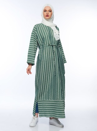 Green - Stripe - Unlined - Modest Dress - ELANESA