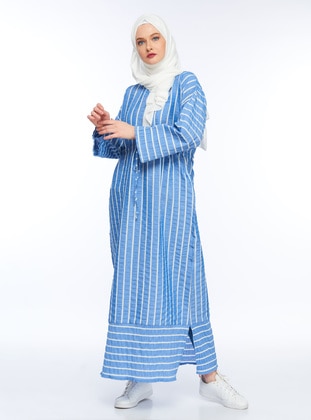 Blue - Stripe - Unlined - Modest Dress - ELANESA