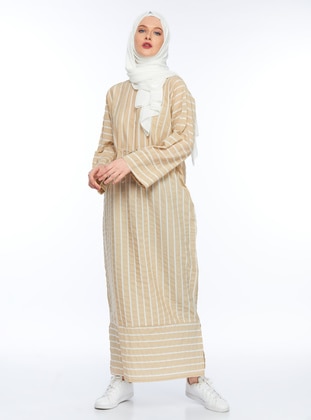 Beige - Stripe - Unlined - Modest Dress - ELANESA