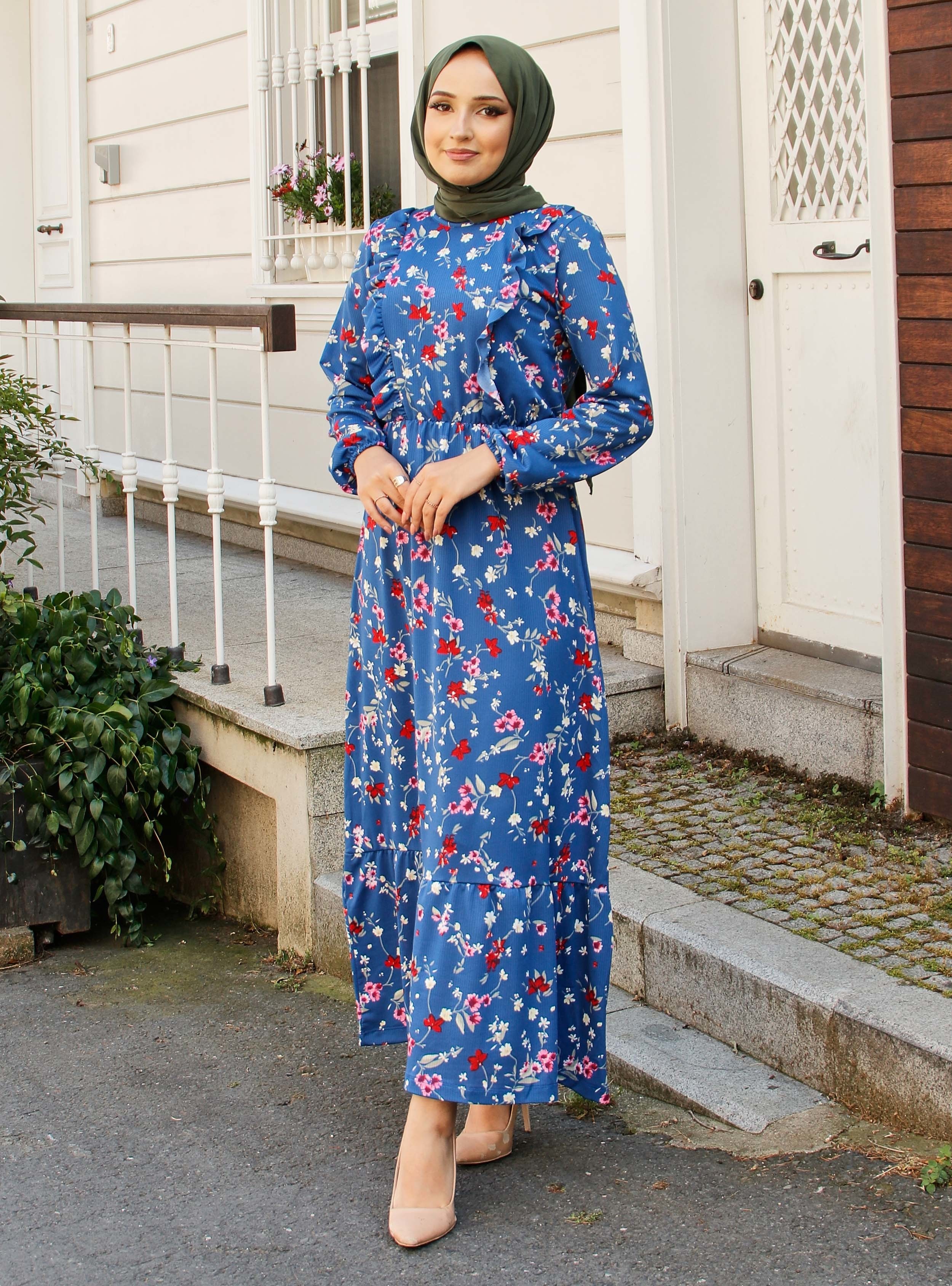 Blue - Floral - Modest Dress