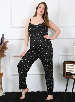 Black - Multi - Plus Size Pyjamas - Akbeniz