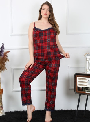 Red - Checkered - Plus Size Pyjamas - Akbeniz