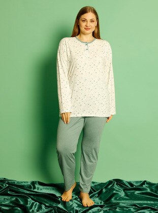 Green - Floral - Plus Size Pyjamas - Tampap