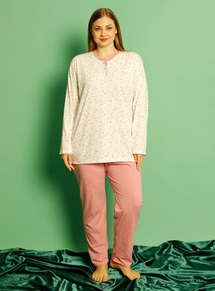 Powder Pink - Floral - Plus Size Pyjamas - Tampap