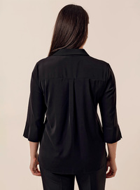 Polo Collar Brooch Plus Size Blouse Black