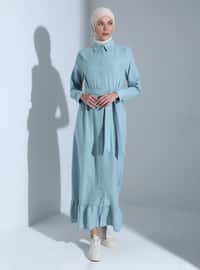 Turquoise - Point Collar - Unlined - Modest Dress