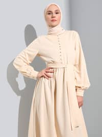 Light Beige - Button Collar - Unlined - Modest Dress