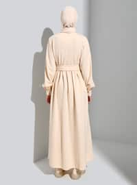 Light Beige - Button Collar - Unlined - Modest Dress