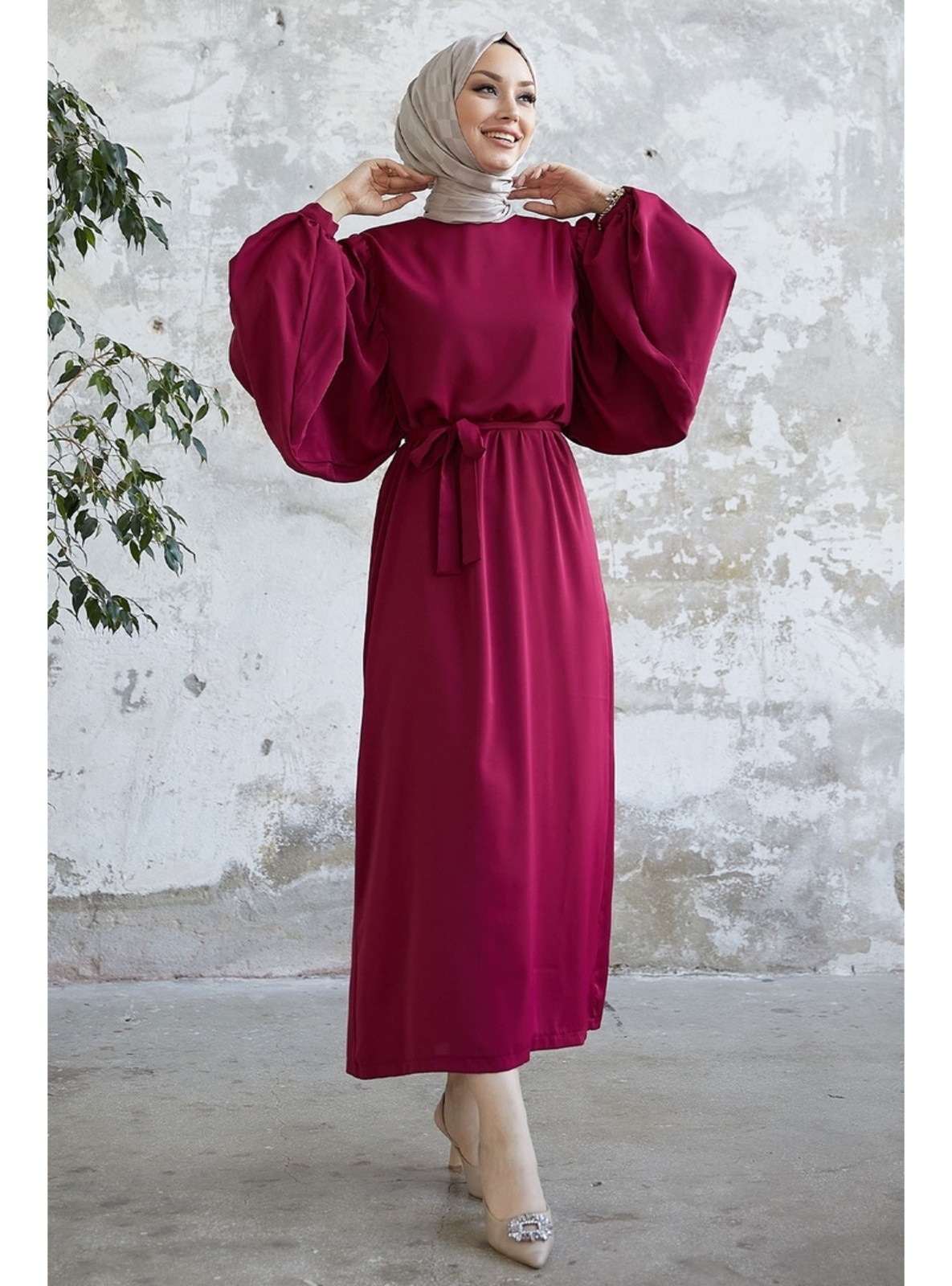 Burgundy Unlined Modest Dress