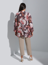 Ruffle Collar Floral Pattern Plus Size Chiffon Tunic Coffee