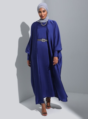 Kolları Taş Detaylı Saten Elbise&Ferace İkili Abiye Takım - Lacivert - Refka
