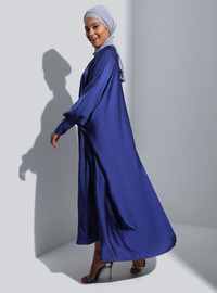 Robe Satinée Ferace Ensemble Détail Pierre Manches Bleu Marine Refka