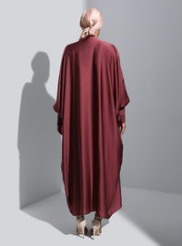 Stone Detailed Sleeve Satin Ferace Two-Piece Evening Dress Set Dark Cherry