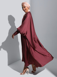Stone Detailed Sleeve Satin Ferace Two-Piece Evening Dress Set Dark Cherry