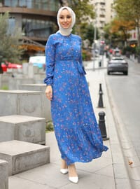 Baby Blue - Floral - Crew neck - Unlined - Modest Dress