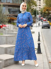 Baby Blue - Floral - Crew neck - Unlined - Modest Dress