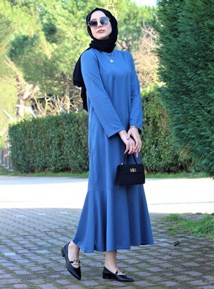 Blue - Crew neck - Unlined - Modest Dress - Uruba Giyim