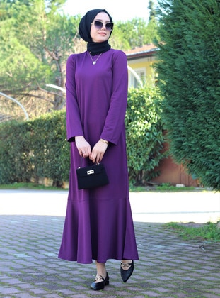 Purple - Crew neck - Unlined - Modest Dress - Uruba Giyim