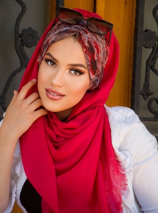 أحمر برغندي - من لون واحد - قطن - حجابات جاهزة - AİŞE TESETTÜR