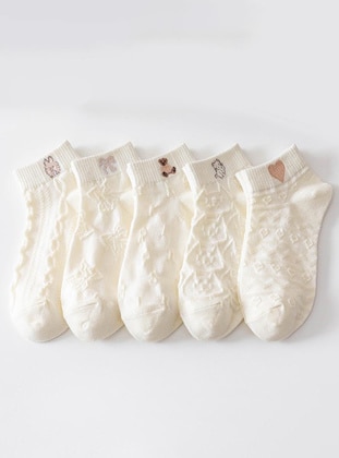 Kadın Ters Örgü Desenli Patik Çorap 5`li - Şık Ve Rahat Özel Tasarım- Beyaz - Sockshion