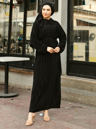 Black - Point Collar - Unlined - Modest Dress - Bwest