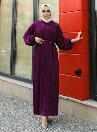 Purple - Point Collar - Unlined - Modest Dress - Bwest