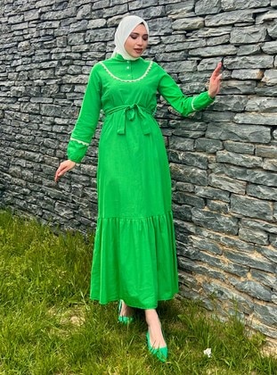 Green - Button Collar - Modest Dress - Bwest