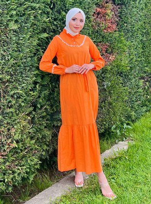 Orange - Button Collar - Modest Dress - Bwest