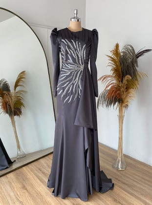 Anthracite - Fully Lined - Crew neck - Modest Evening Dress - Lavienza