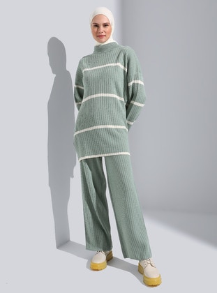 Green Almon - Stripe - Unlined - Mock-Turtleneck - Knit Suits - Benin