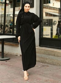 Black - Point Collar - Unlined - Modest Dress