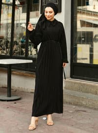 Black - Point Collar - Unlined - Modest Dress