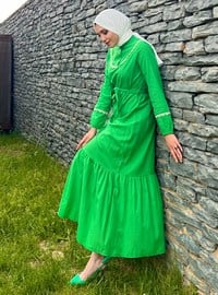 Green - Button Collar - Modest Dress