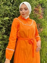 Orange - Button Collar - Modest Dress