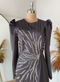 Anthracite - Fully Lined - Crew neck - Modest Evening Dress