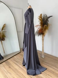 Anthracite - Fully Lined - Crew neck - Modest Evening Dress