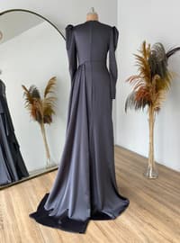 Anthracite - Fully Lined - Crew neck - Modest Evening Dress