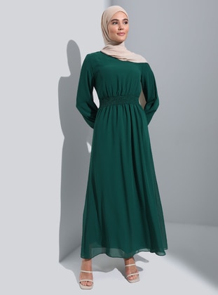 Lace Detailed Lined Chiffon Modest Dress - Emerald Green - Refka