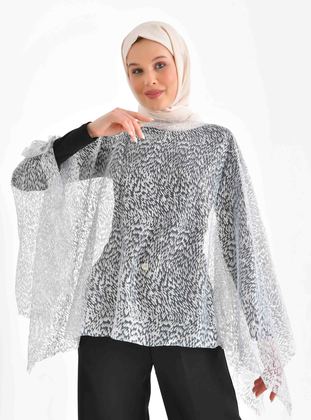 Silver color - Crew neck - Unlined - Poncho - Tuncay