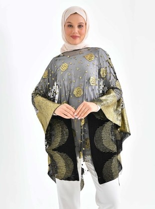 Black - Gold Color - Crew neck - Unlined - Poncho - Tuncay
