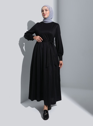 Waist-Fitting Belted Modest Dress - Black - Refka Casual
