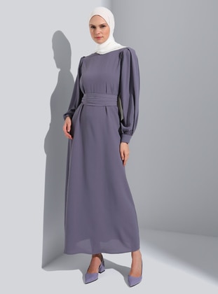 Aerobin Belt and Sleeve Detailed Modest Dress - Gray - Refka