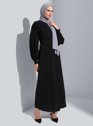 Aerobin Belt and Sleeve Detailed Modest Dress - Black - Refka