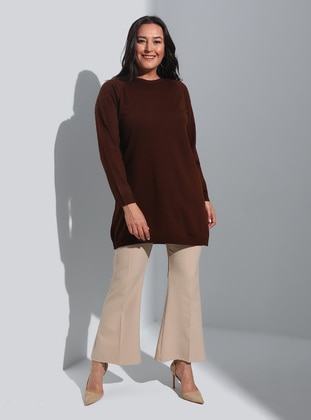 Plus Size Knit Tunic - Brown - Alia