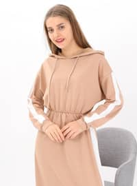 Beige - Hooded collar - Unlined - Modest Dress