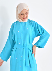 Pearl Embellished Turquoise Modest Dress